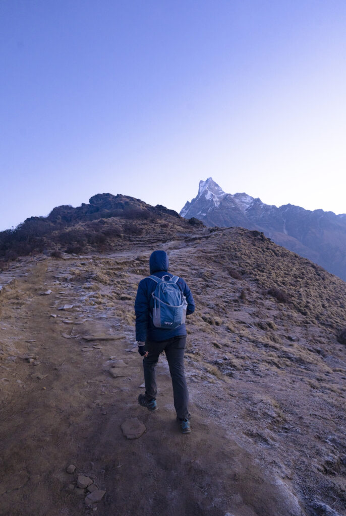 A trekker moving towards the view point of Mardi Himal. Photo: Amir Shrestha