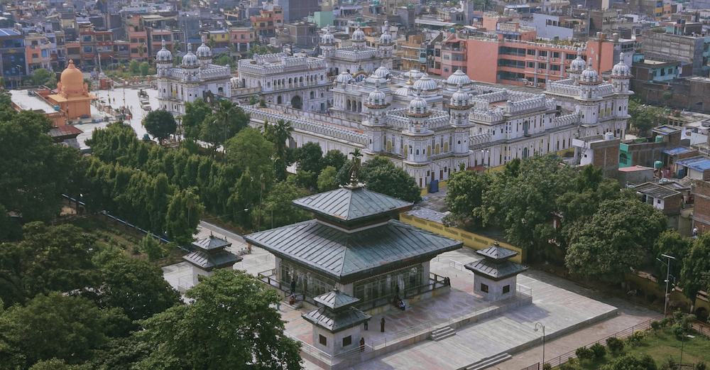 From above, the majestic Janaki Temple showcases the architectural grandeur of the Mithila region.