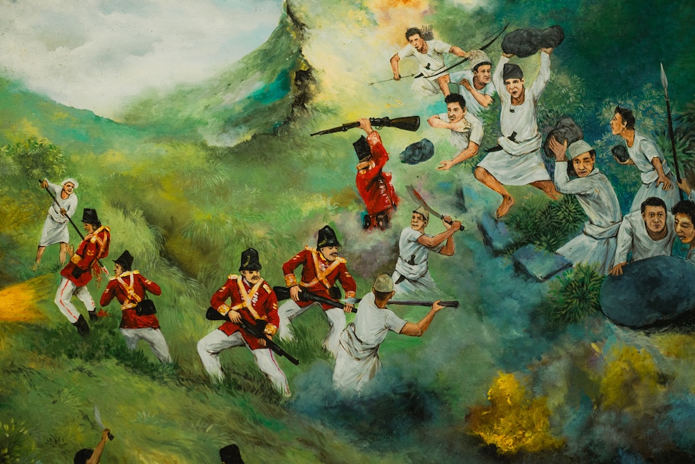 A historic painting depicting the fierce Battle of Sindhuli Gadhi, where Gorkhali soldiers and local villagers joined forces to repel the advancing East India Company troops