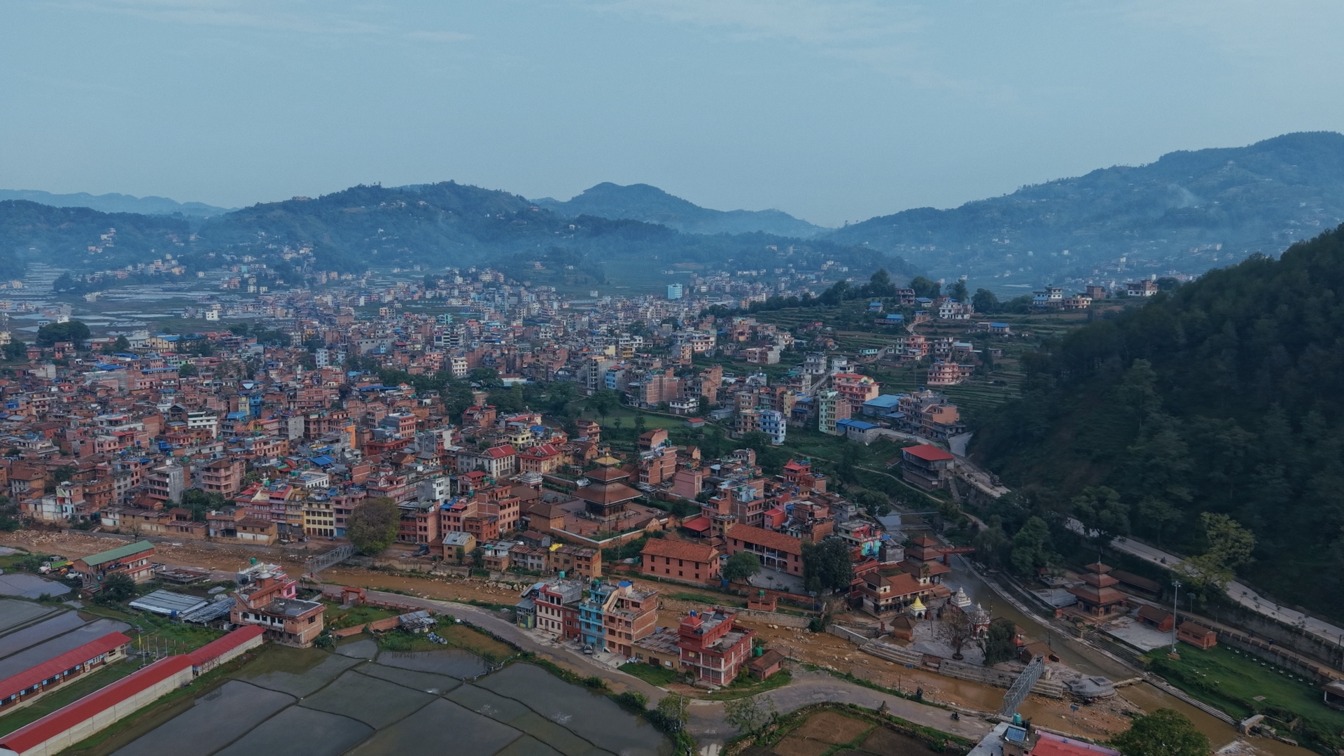 An aerial view of Panauti, a historic Newar town where ancient architecture, temples, and cultural traditions continue to thrive.