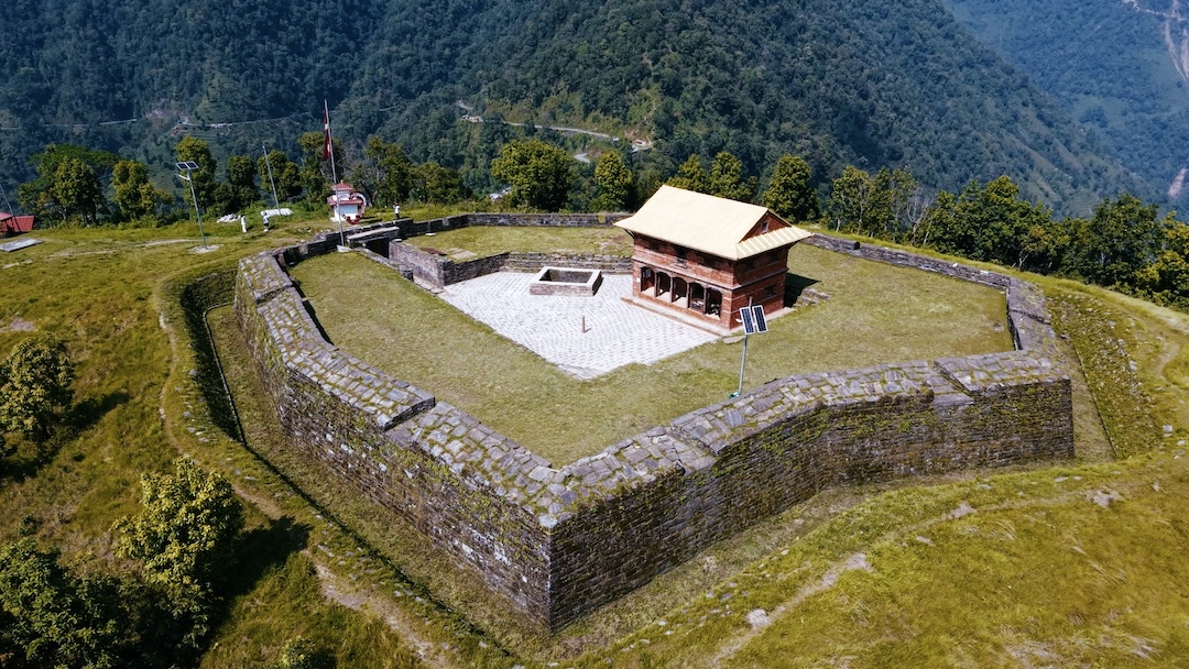 An aerial view of Upardang Gadhi, a historic hill fortress built to strengthen Nepal’s defenses during the era of unification.
